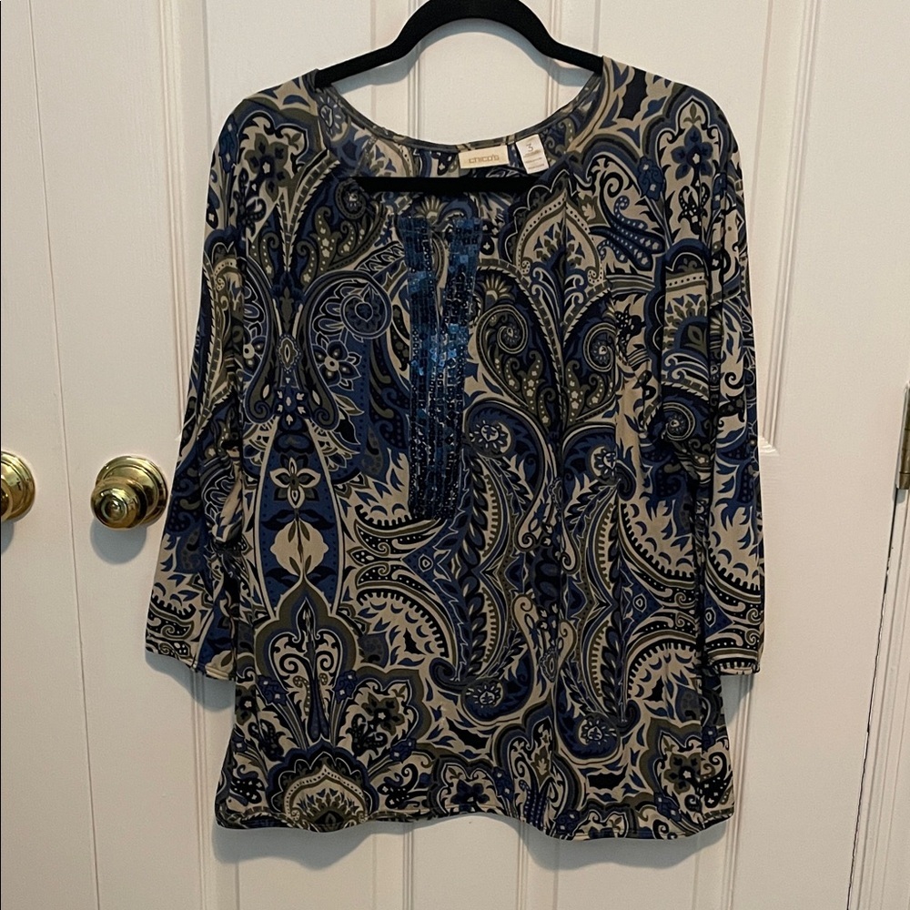 ❤️Chico's Navy and Beige Paisley Blouse